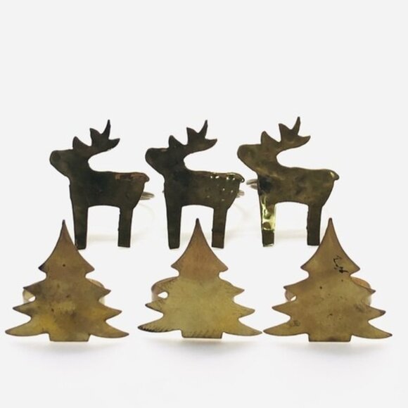 Vintage Napkin Ring Holders Brass Gold Tone Metal Rustic Tree Moose Set Of 6 - Picture 3 of 12